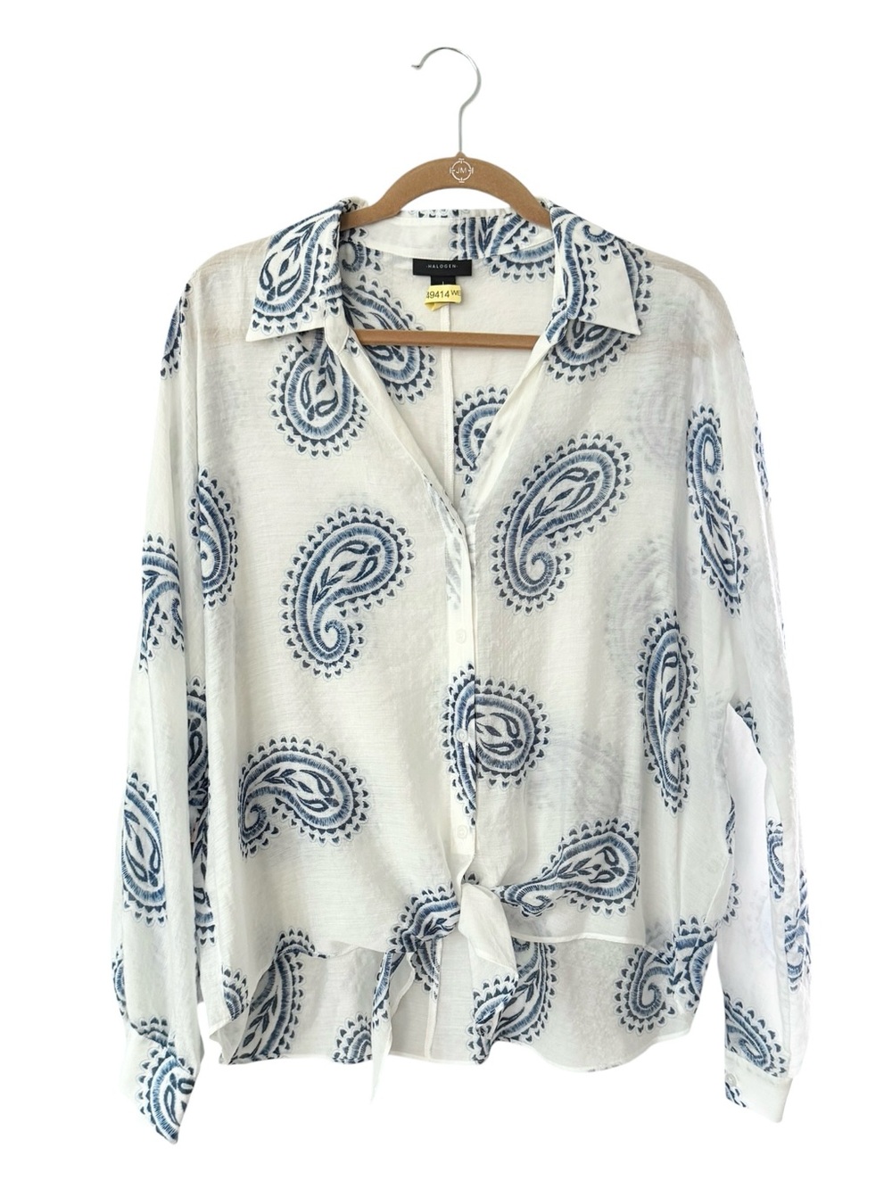 Halogen Blue White Paisley Tie Front Button Down Shirt Blouse⁠ Top Size Large